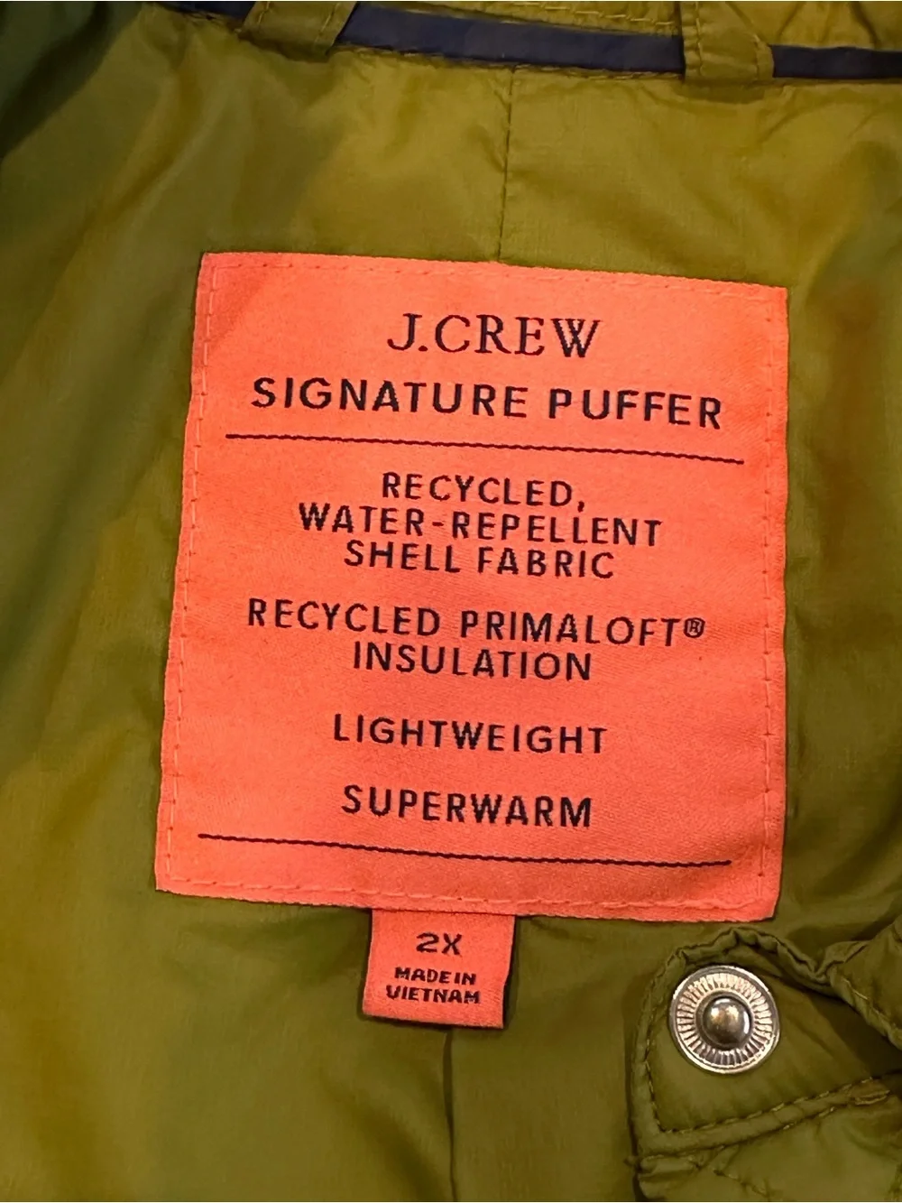 J. Crew Quilted Olive-Styley Snap-Front Jacket